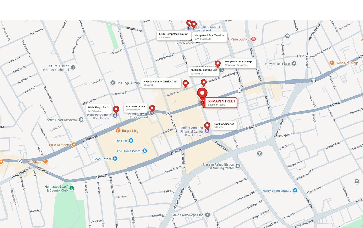 Map of 50 Main Street, Hempstead and nearby landmarks